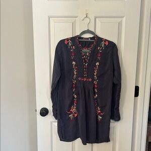 Johnny Was Charcoal Top with Vibrant Embroidery